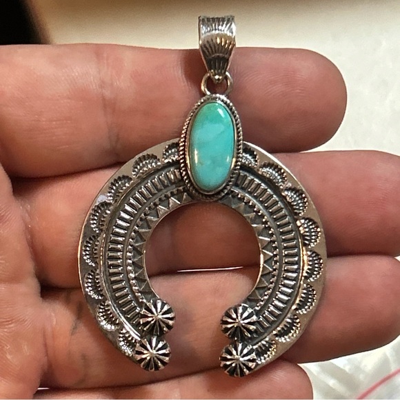 STERLING SILVER NATIVE KINGMAN TURQUOISE STAMPED FLOATING NAJA PENDANT 2 3/4” - Picture 2 of 11